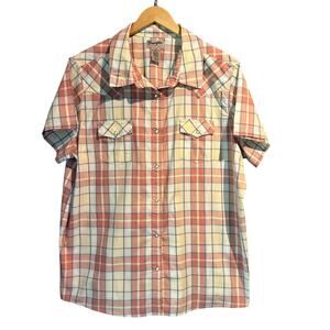 Wrangler Size XXL Pearl Snaps Rancher Shirt Pink Plaid Western Coastal Cowgirl